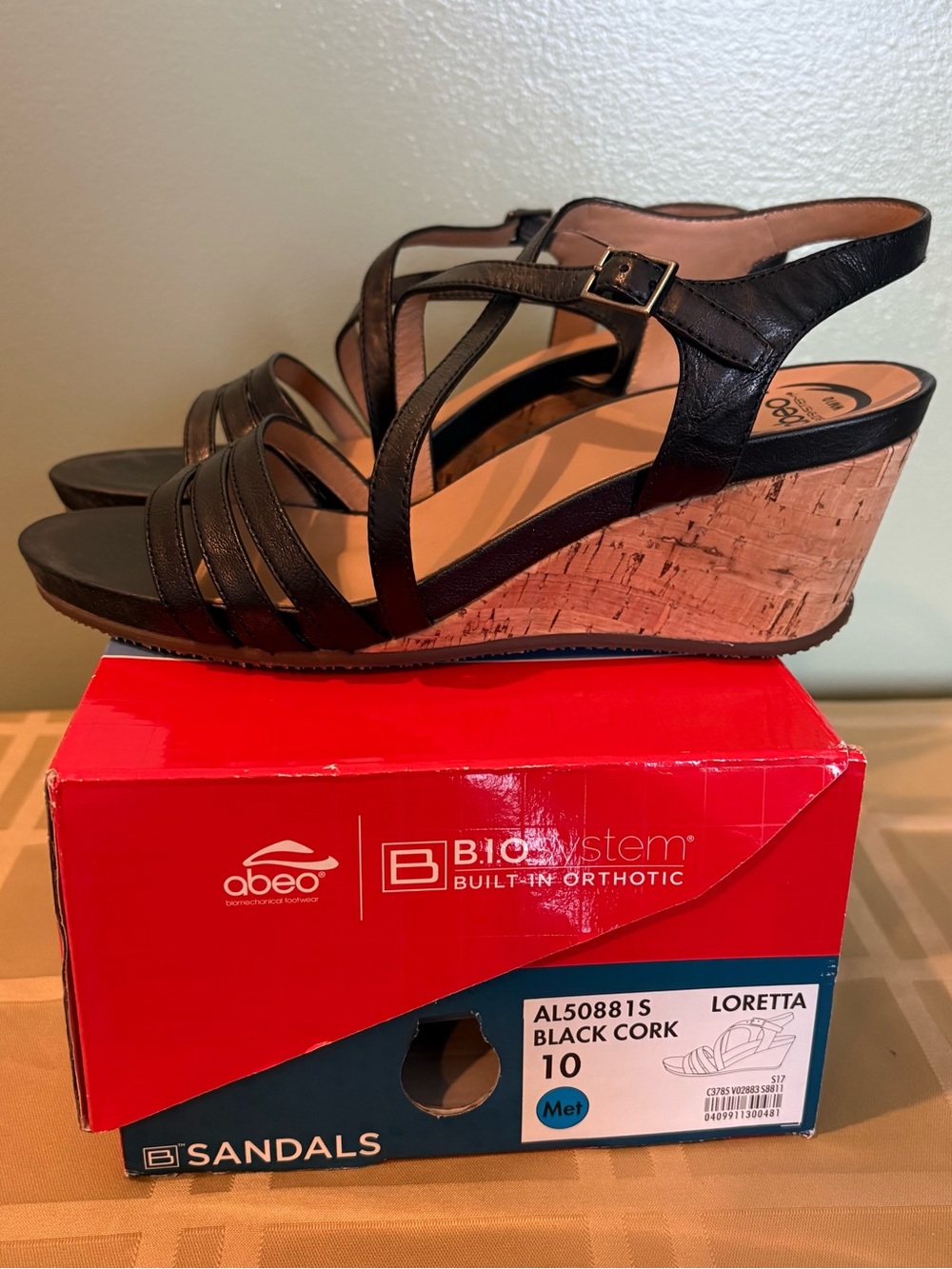 ABEO B.I.O.system Loretta wedge sandals in black cork, women’s size 10